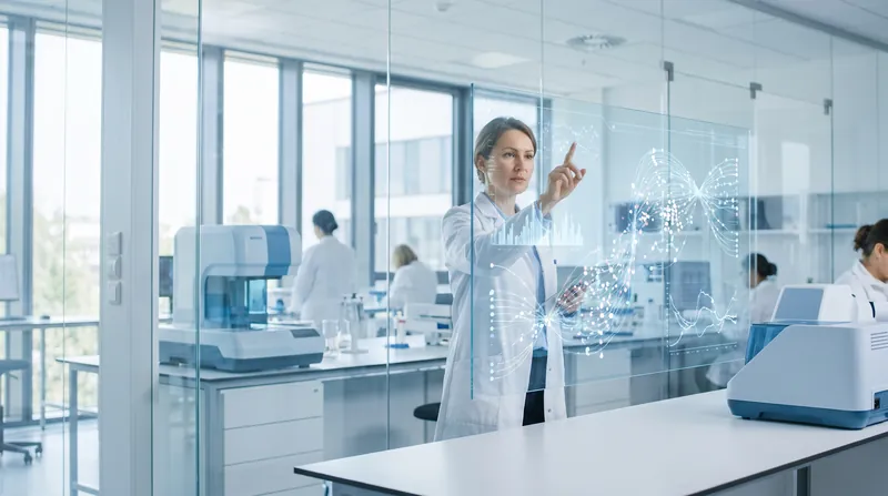 A researcher in a bright laboratory analyzes complex biological data on a large transparent digital display.