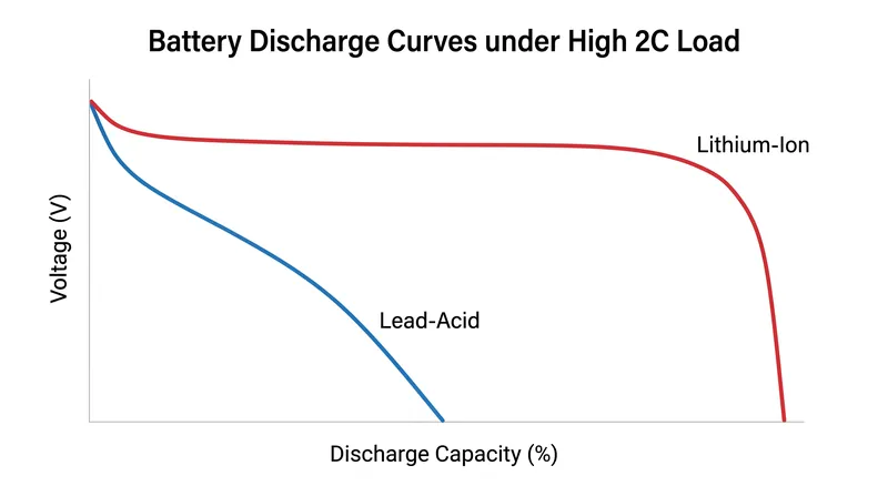 Lithium-based chemistries maintain a flatter discharge curve under high C-rates compared to traditional lead-acid batteries.