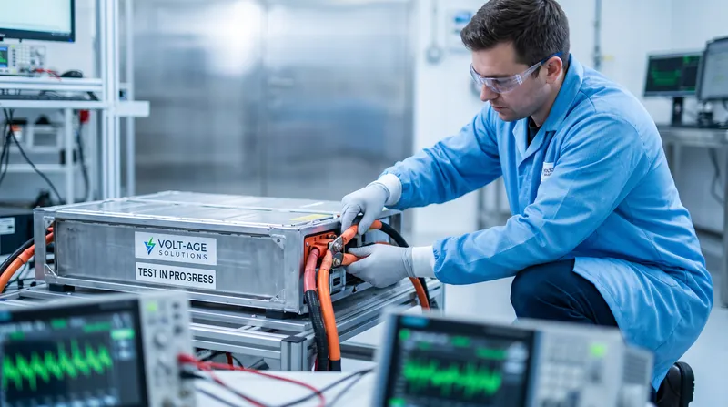 A technician in a laboratory connects heavy-duty cables to a large industrial lithium-ion battery pack.