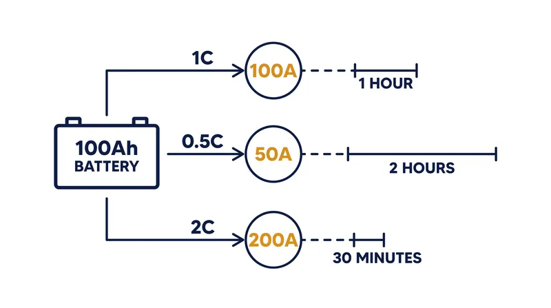 A battery's C-rate dictates how quickly its total capacity can be discharged.
