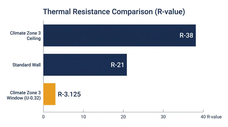When converted to a shared metric, windows offer a fraction of the thermal resistance of adjacent walls and ceilings.