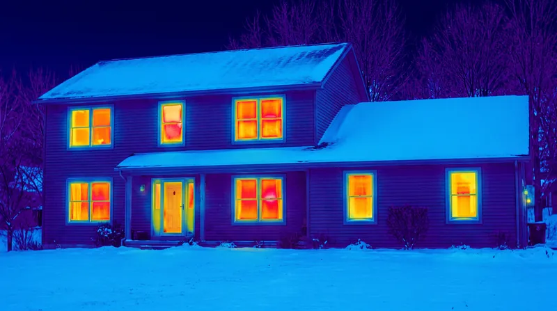 Thermal imaging reveals how windows act as the primary points of heat transmittance in an insulated building envelope.
