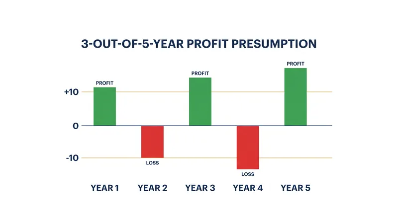 The IRS profit presumption safe harbor requires profitability in three out of five consecutive years.