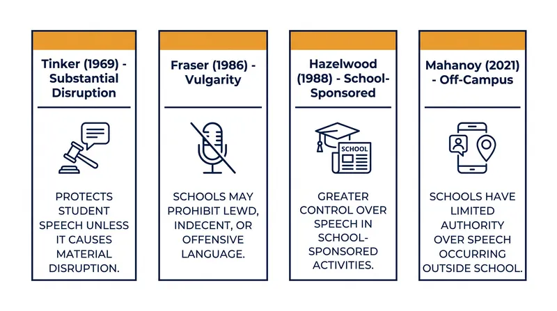 The four distinct legal frameworks that govern student expression in public schools.