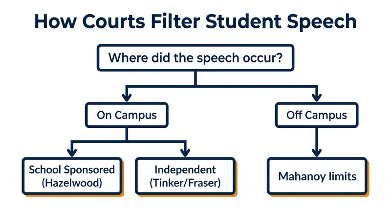 Courts determine which legal test to apply based on the location and sponsorship of the speech.