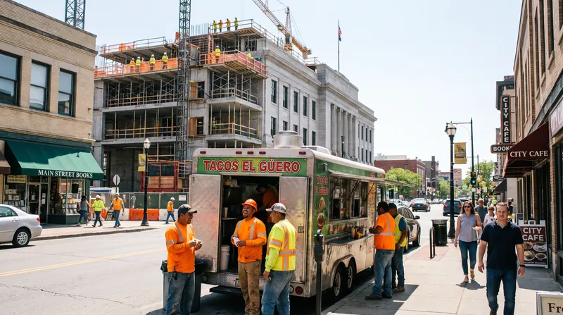 Construction workers in high-visibility vests purchasing food from a local food truck on a sunny day.