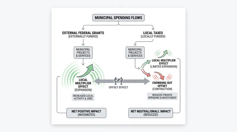 The source of municipal funding dictates the net multiplier effect on the local economy.