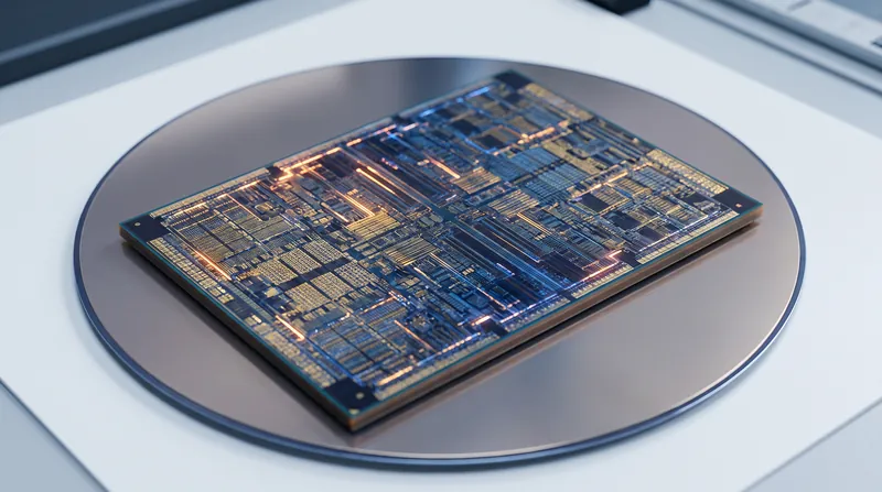 Macro photograph of a silicon AI accelerator chip showing microscopic circuitry illuminated in blue and amber.