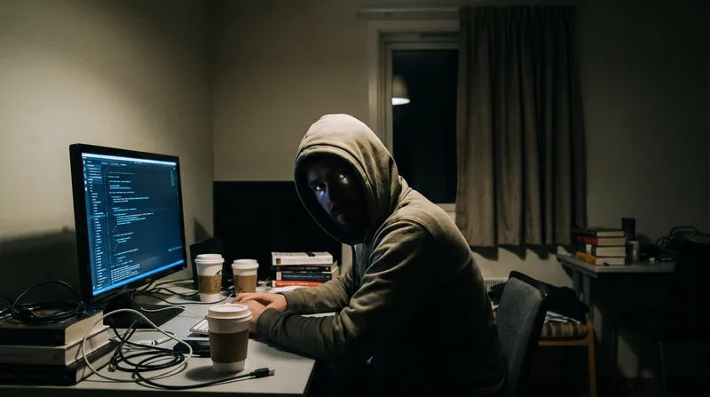 A person sitting in a dark room illuminated only by the glow of a computer monitor.