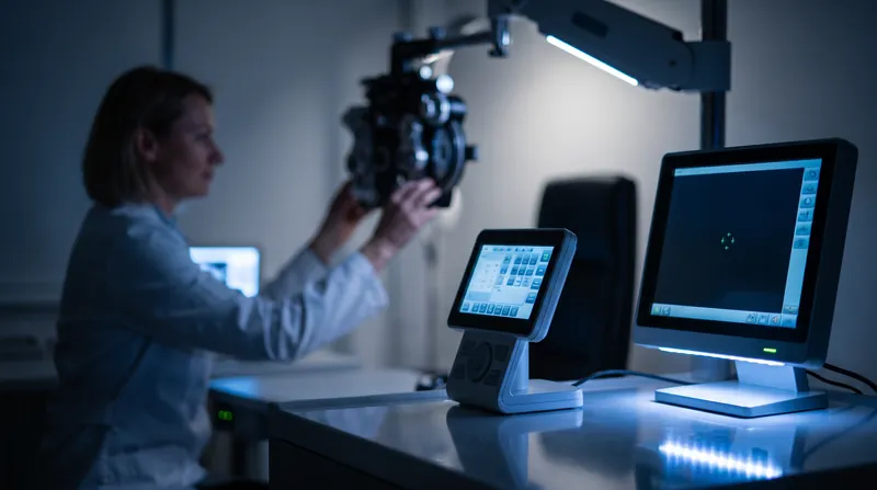A close-up view of a modern ophthalmic examination room featuring a retinal imaging device in dim lighting.