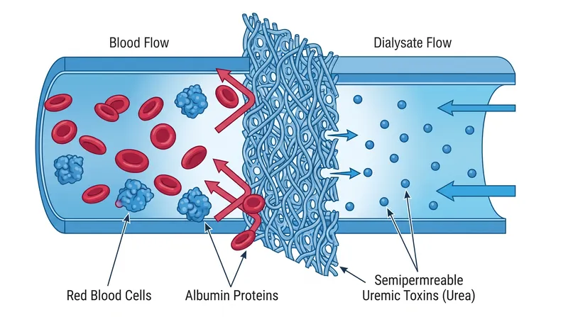 The semipermeable membrane allows small waste molecules to pass through while retaining essential blood cells and large proteins.
