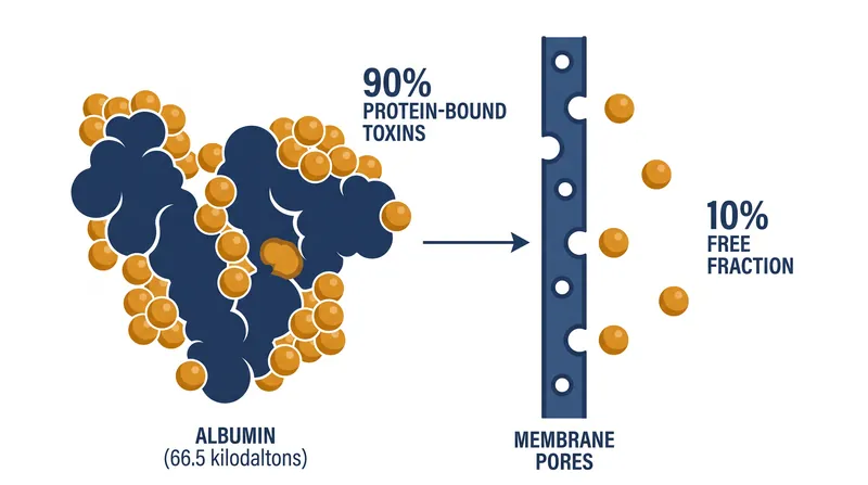 Because 90 percent of protein-bound uremic toxins attach to large albumin molecules, they cannot fit through the membrane's pores.
