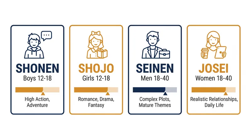 The four main pillars of the Japanese manga publishing industry are defined strictly by age and gender targets.