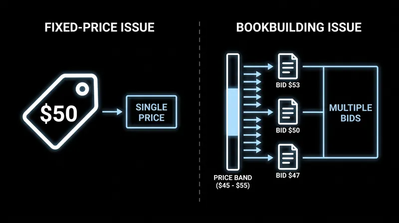 Bookbuilding allows for dynamic price discovery, unlike traditional fixed-price offerings.