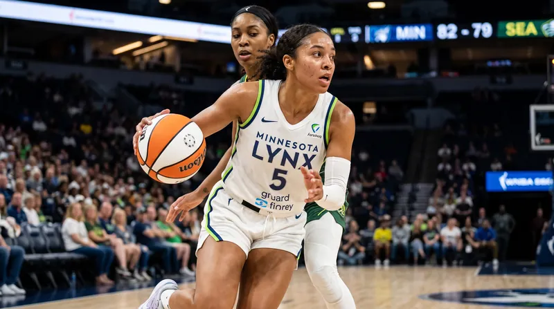 Minnesota Lynx guard Olivia Miles dribbling a basketball on the court during a WNBA game.