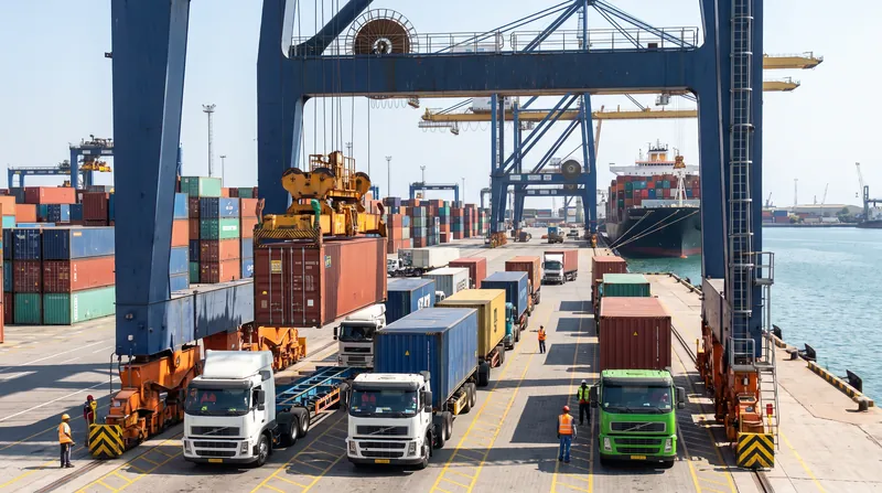 A busy African shipping port with cargo containers being loaded onto trucks under bright daylight.