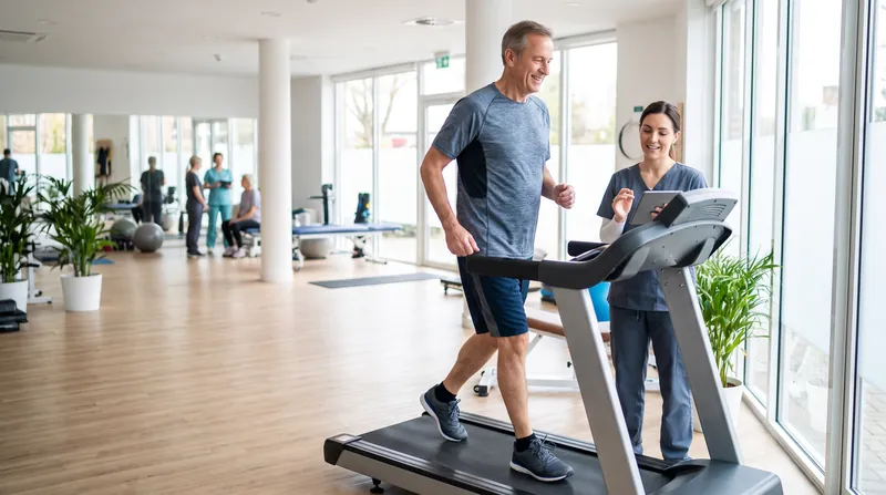 A mature man walks on a treadmill in a bright physical therapy clinic while a medical professional monitors his progress.