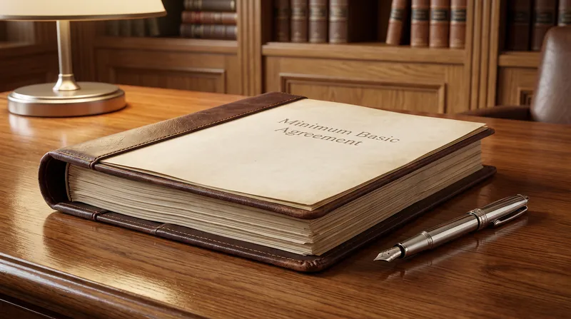 A thick legal contract bound in a leather folder resting on a wooden desk next to a silver fountain pen.