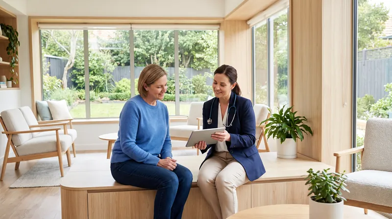 An oncologist and a patient sit together in a brightly lit clinic, discussing a treatment plan.
