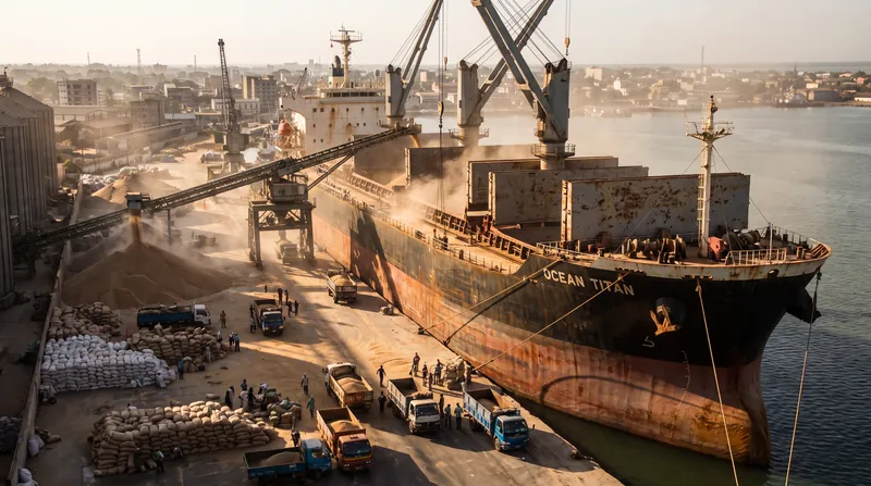 A massive cargo ship docked at a port being loaded with large volumes of raw agricultural commodities.