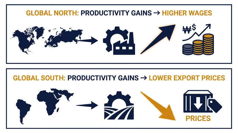 How technological gains are captured differently in industrialized versus developing labor markets.