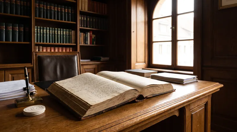 A thick, leather-bound property ledger resting on a polished wooden desk in a professional legal office setting.