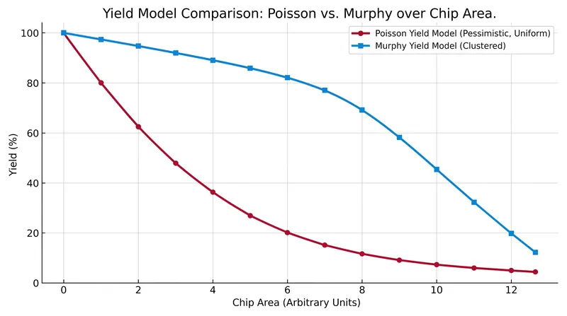 Because real-world defects tend to cluster, the Poisson model often underestimates the yield of larger chips compared to the Murphy model.