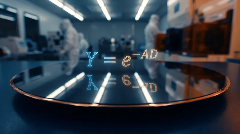 A macro view of a circular silicon wafer reflecting cleanroom lights, overlaid with mathematical formulas.