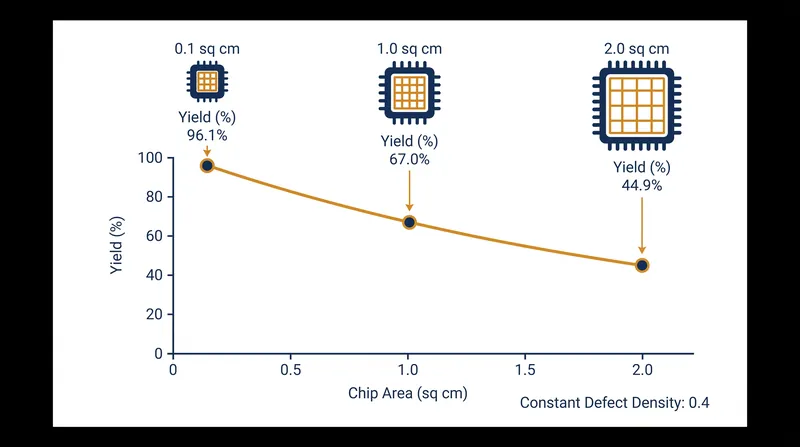 As chip area increases, the probability of a random defect ruining the die rises exponentially.