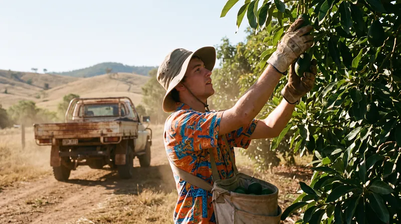 A young backpacker wearing a wide-brimmed hat picks fruit on a sunlit agricultural farm in regional Australia.