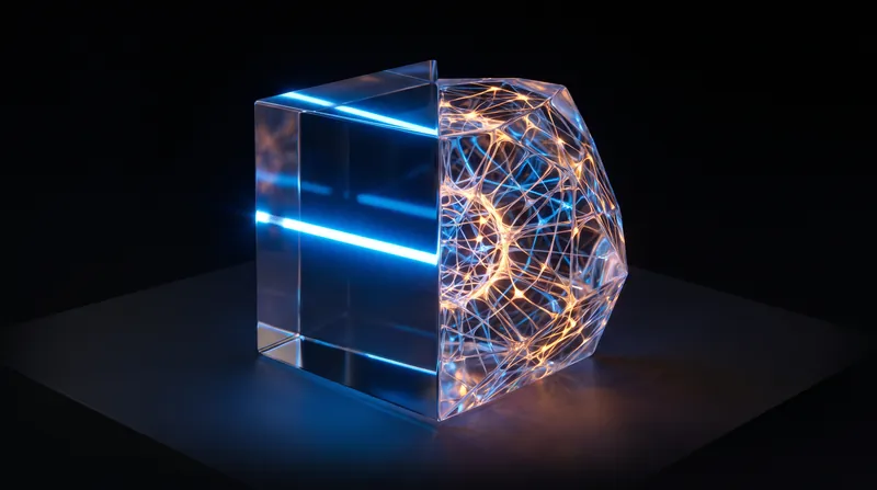 Abstract 3D render showing a direct glowing line beside a complex, multi-layered glowing web.