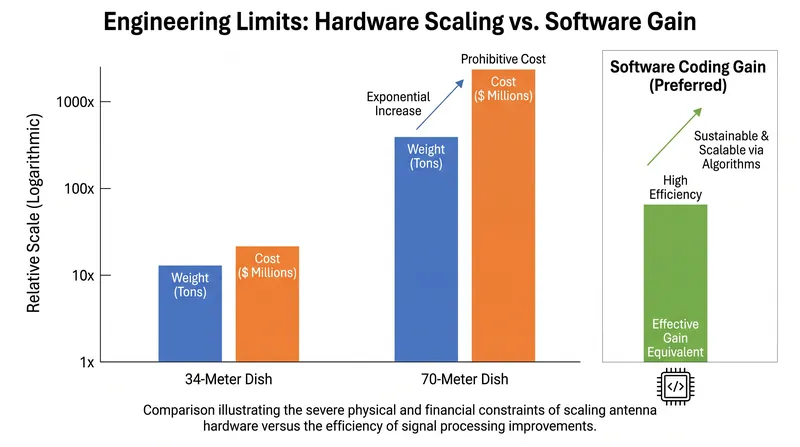 The structural and financial cost of building larger antennas scales exponentially with aperture size.