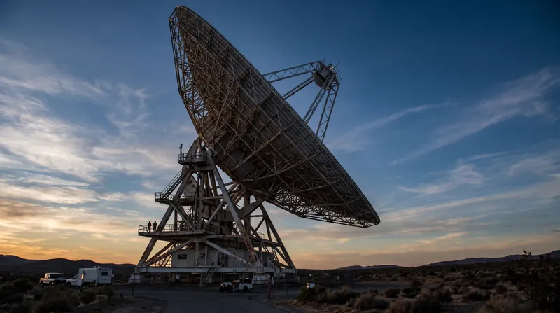 A massive 70-meter parabolic radio antenna pointing towards the sky at a Deep Space Network facility.