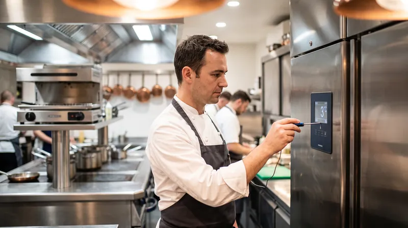 A professional chef in a commercial kitchen checking a digital temperature monitor on a stainless steel refrigeration unit.