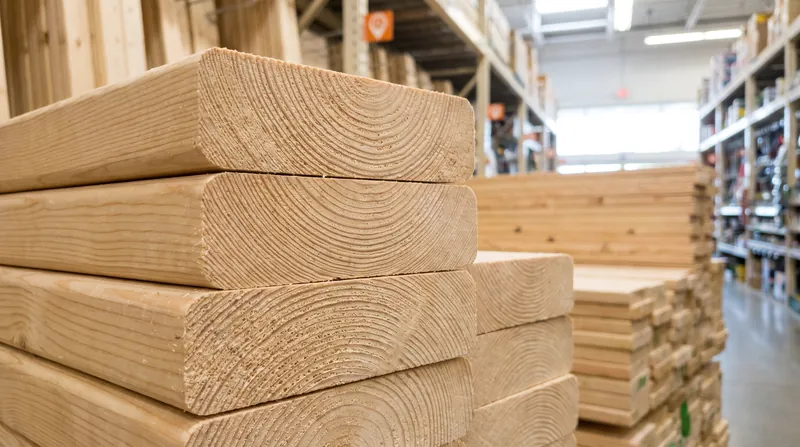 A close-up view of the end grain of a stack of smooth, planed 2x4 pine lumber in a hardware store.