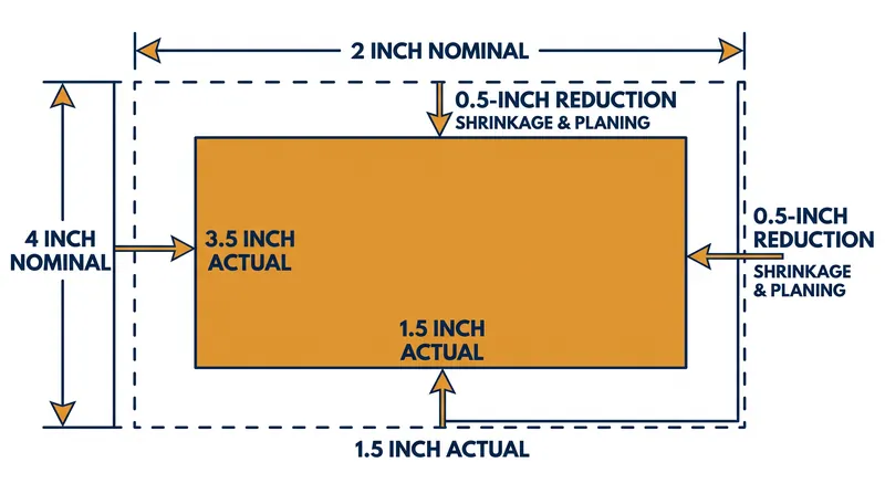 The transition from a rough, green log to a dry, surfaced board removes a half-inch of material from both the thickness and the width.