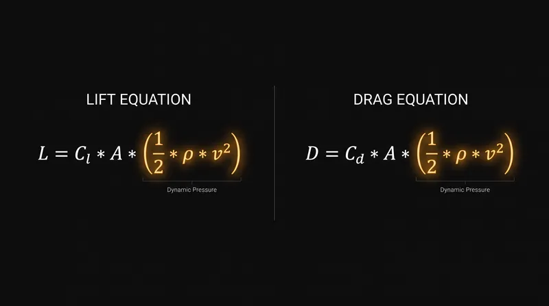Both lift and drag rely on the exact same dynamic pressure term, creating an inescapable trade-off in aircraft design.