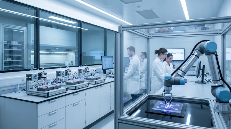 A modern biomedical laboratory featuring automated robotics and microfluidic testing devices on clean workbenches.