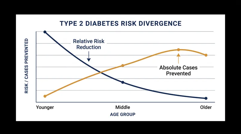 While younger adults see a larger percentage drop in risk, older adults see a higher total number of cases prevented.