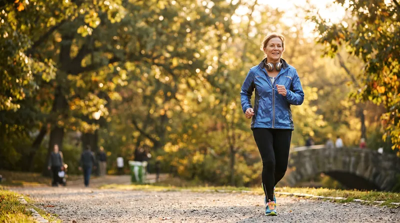 An older adult in athletic wear briskly walking through a sunlit public park.