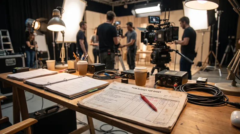 A printed film budget top sheet resting on a desk with a cinema camera and lighting equipment in the blurred background.