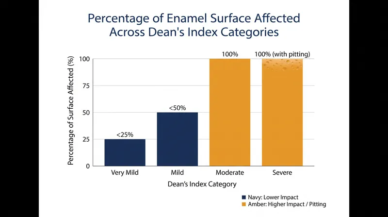 Dean's Index classifies fluorosis severity based on the percentage of the tooth surface exhibiting opacities.