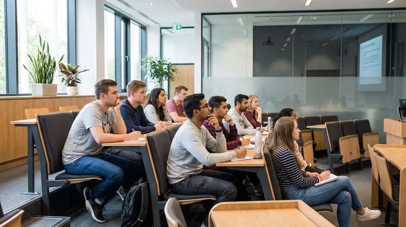 A diverse group of university students sitting in a modern classroom listening to a lecture.