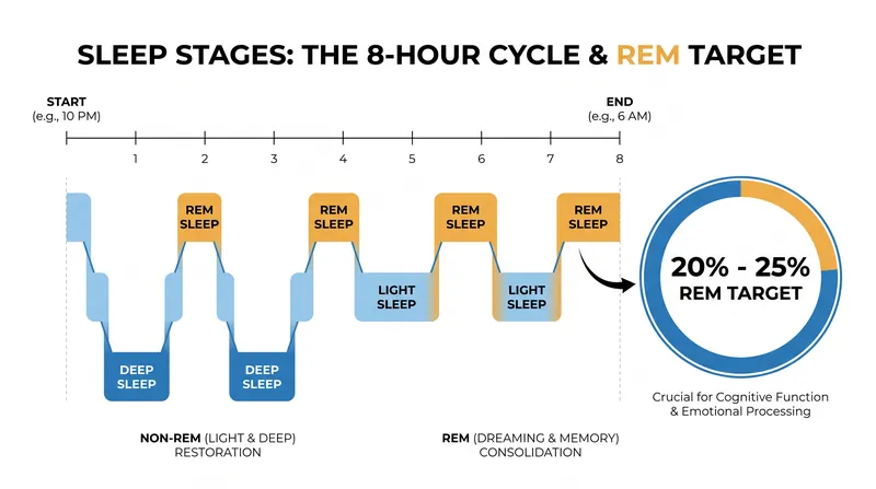A healthy adult typically spends 20 to 25 percent of their night in rapid eye movement (REM) sleep.