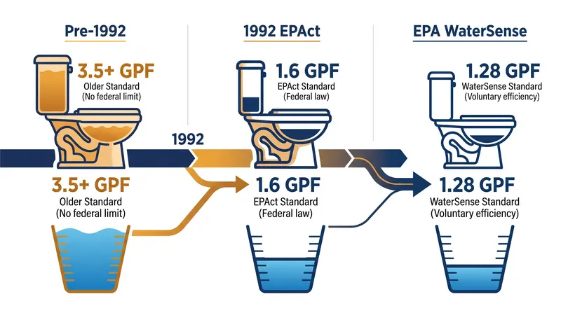 Federal and voluntary water efficiency standards have driven down maximum flush volumes since the 1980s.