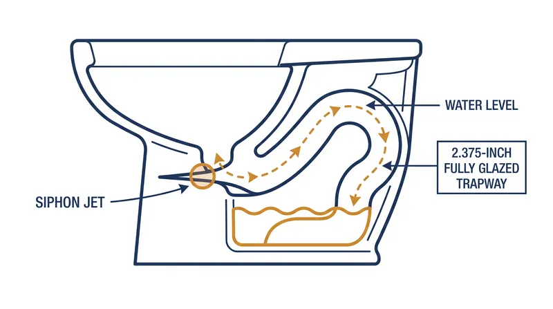 A fully glazed, widened trapway reduces friction and prevents clogs when flushing with lower water volumes.