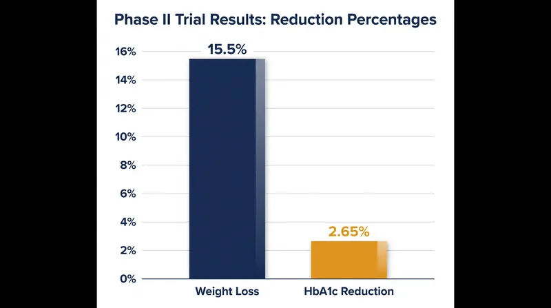 Phase II trial results for enicepatide demonstrated significant reductions in both weight and long-term blood glucose.