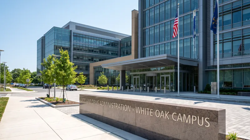 The exterior of the FDA White Oak Campus building in Silver Spring, Maryland on a bright day.
