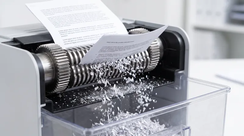 Close-up view of a high-security paper shredder's metal blades cutting a document into tiny micro-cut particles.