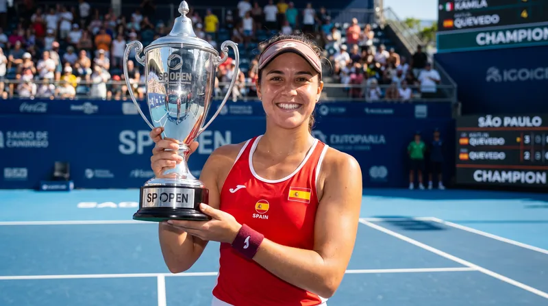 Kaitlin Quevedo smiling and holding the SP Open championship trophy on a blue tennis court.